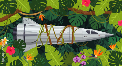 spaceship jungle overgrown rocket crash in a tropical forest hinting at lost technology and abandoned exploration.
