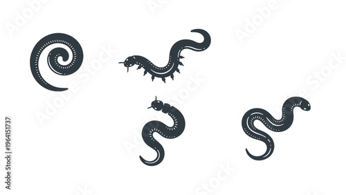 Stylized Black Worms and Spiral Shapes Graphic Elements Set