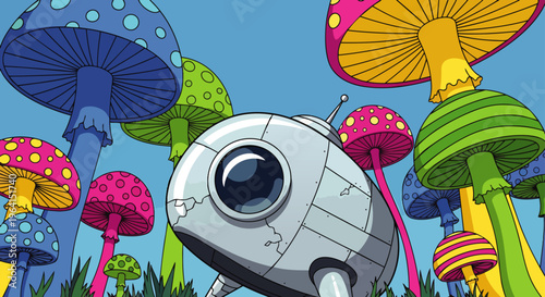ufo spaceship lands in a vibrant cartoon fantasy landscape surrounded by colorful psychedelic mushrooms.