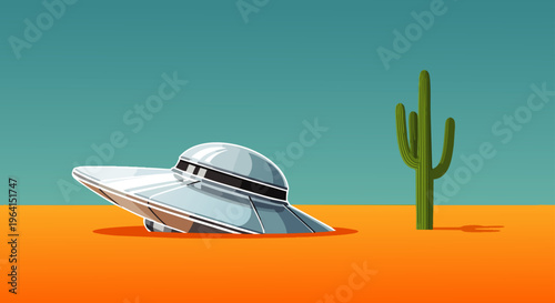 a ufo flying saucer crash-landed in a mysterious orange desert landscape partially submerged next to a tall saguaro cactus.