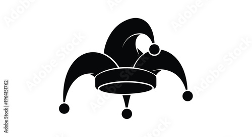 A stark black silhouette depicts a traditional jester s hat complete with points bells and a cylindrical crown high quality professional