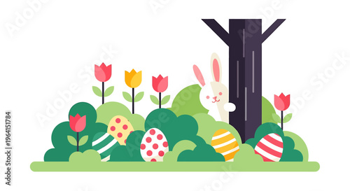 easter egg hunt illustration with a cute white rabbit peeking colorful eggs and spring tulips in a green garden.