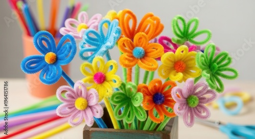 Colorful handmade flowers crafted from soft chenille stems or pipe cleaners, symbolizing creativity, imagination, and playful art. Perfect for DIY projects, crafts, and educational activities.
