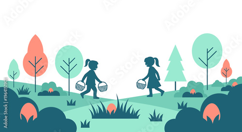 two young girls hunting colorful easter eggs in a stylized spring park setting perfect for holiday event promotions