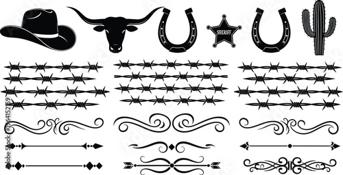 Wild west cowboy silhouette set with longhorn bull horseshoe cactus barbed wire and sheriff star isolated on white background for western vector illustration