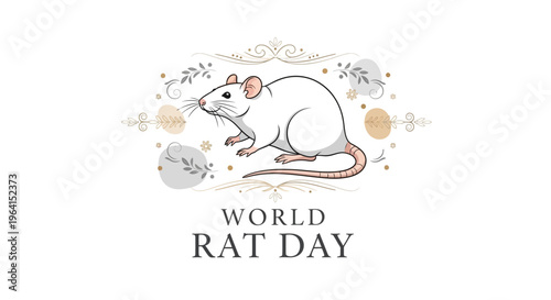 Illustration of a cute rat with decorative elements and text reading 'World Rat Day' on a white background, conveying awareness and appreciation for pet rats with a playful and informative