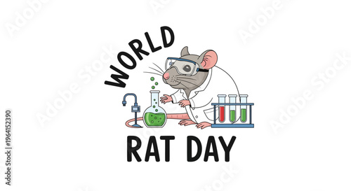 Illustration of a lab rat in a lab coat working with test tubes and a beaker on World Rat Day with a playful design.
