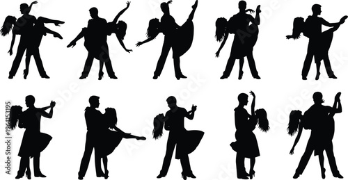 Ballroom dance couple silhouette set with various salsa and tango poses isolated on white background for romantic performing arts design elements and vector illustration