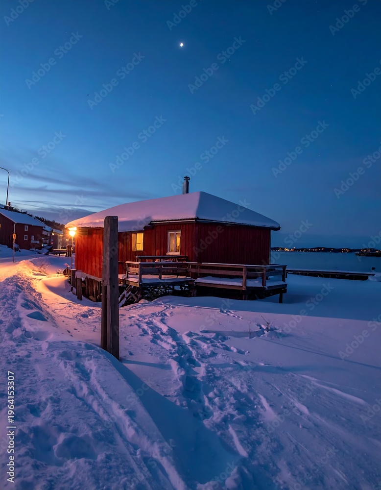 Naklejka premium Winter Cabin Under a Twilight Sky in the Arctic.