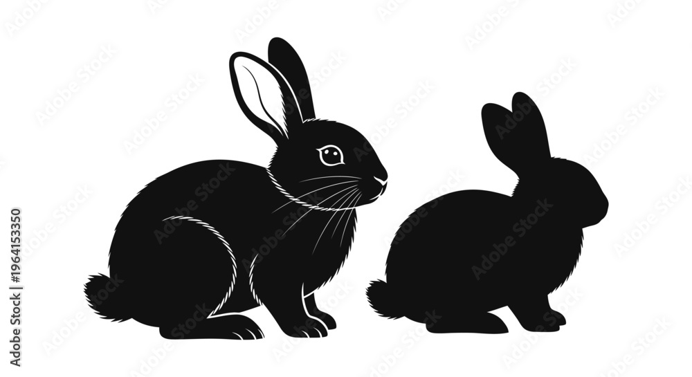Obraz premium Black and white vector graphic illustration featuring two side-profile rabbits, one detailed and one a silhouette.
