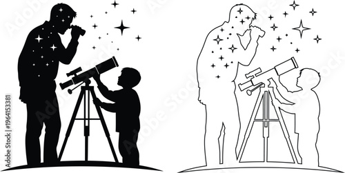 Adult teaching child astronomy with telescope under starry night sky