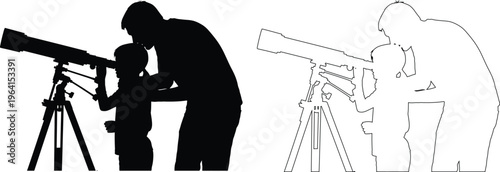 Adult teaching child astronomy using telescope outdoors together