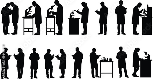 Scientist and researcher silhouette set with lab technicians working with microscopes isolated on white background for medical science and laboratory vector illustration