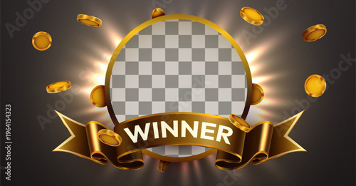 Golden Winner Frame with Flying Coins and Radiant Glow, an emblem for success, achievement, and celebration. Vector illustration