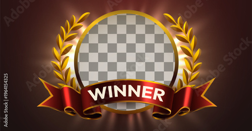 Golden laurel wreath frame for a winner on a dark background. Red ribbon design element. Vector illustration.