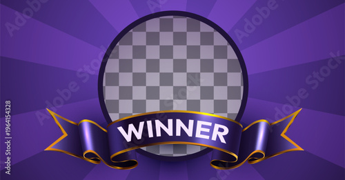 Winner ribbon banner with a transparent oval frame on a vibrant purple background. Vector illustration.