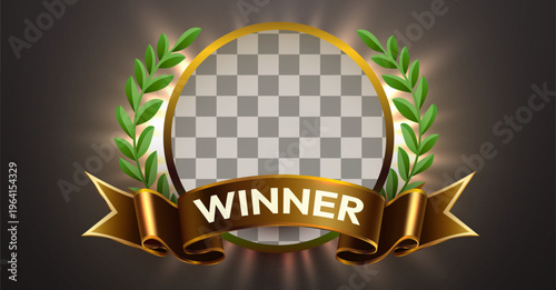 Golden winner award emblem with laurel wreath and transparent frame. Perfect for awards, achievements, and recognition. Vector illustration