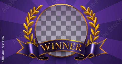Golden winner award laurel wreath design. A vibrant purple background highlights the achievement and success. Vector illustration.