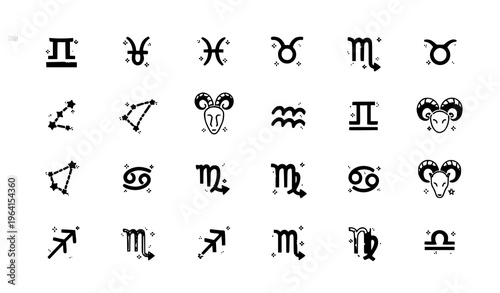 Cute zodiac and horoscope constellation icons vector illustration line art set isolated on white