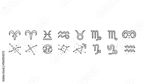 Horizontal zodiac and constellation line icons vector astrology horoscope set isolated on white background