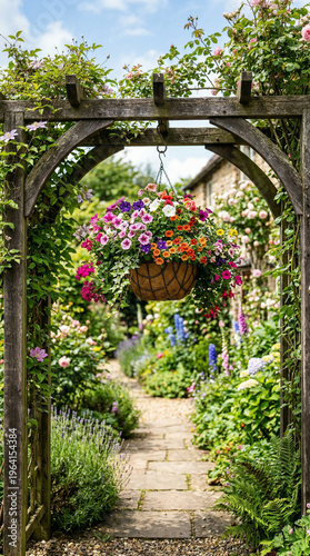 Beautiful garden pathway with hanging flower basket in summer  