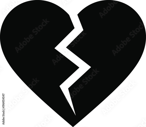 Black broken heart vector silhouette, cracked heart icon symbolizing heartbreak, divorce, end of love, sadness, and emotional pain isolated.