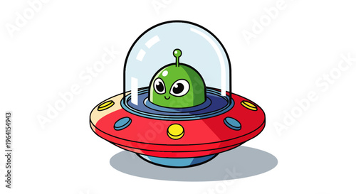 a cute green alien character smiling from a cartoon flying saucer an adorable illustration for imaginative space adventure designs.