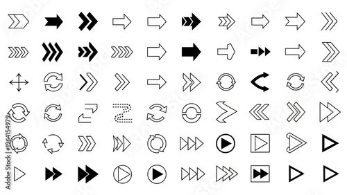 a versatile collection of arrow icons and play buttons demonstrating direction navigation and user interface symbols for graphic design.