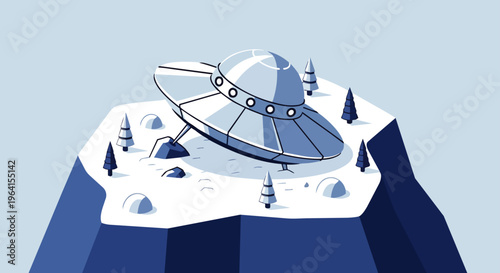 ufo flying saucer spaceship landed on a snowy mountain a mysterious arctic landscape scene showcasing alien technology.