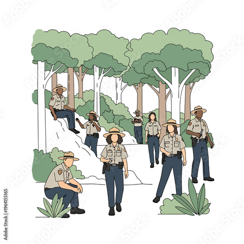 a diverse team of park rangers actively working outdoors in a forest emphasizing environmental conservation and teamwork