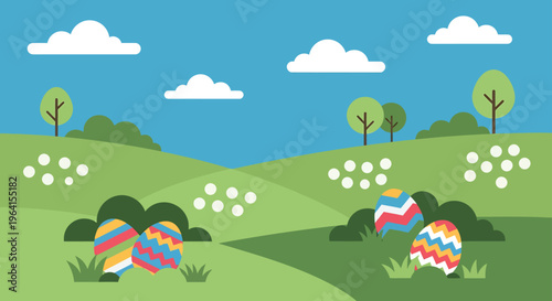 easter egg hunt flat design spring landscape with colorful eggs hidden in green hills perfect for holiday celebration backgrounds