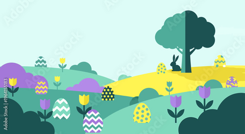 easter egg hunt flat design spring landscape with an easter bunny colorful eggs and blooming flowers in a playful outdoor.