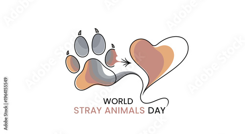 Illustration of a paw print and heart connected by a line for World Stray Animals Day awareness campaign with a simple design on a white background.