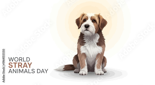 Illustration of a brown and white dog sitting in front of a yellow circle on a white background, promoting World Stray Animals Day with a design element.