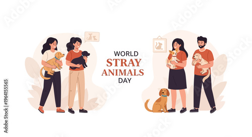 Illustration of diverse people with pets on World Stray Animals Day, promoting awareness and care for homeless animals in a vector design.