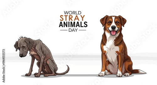 Illustration of two dogs for World Stray Animals Day awareness campaign with vector design elements on a white background.