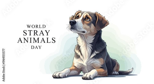 Illustration of a stray dog on a white background with the text 'World Stray Animals Day' for awareness and homeless animals support.