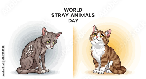 Vector illustration of a malnourished cat and a healthy cat on World Stray Animals Day, highlighting homeless animals awareness with a design concept for stray animals awareness.