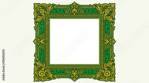 An ornate square frame with intricate green and gold baroque-style decorative patterns, featuring swirls and floral motifs around a white central space.