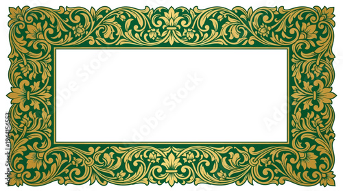 Ornate rectangular frame with intricate green and gold floral scrollwork, vintage decorative border design.