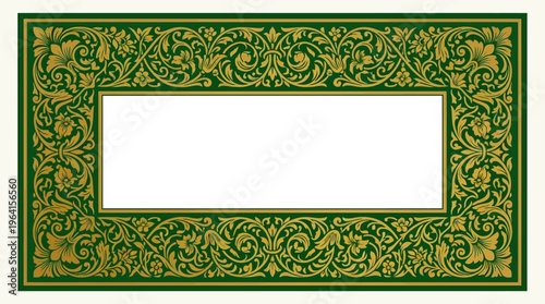 Ornate gold floral and leaf pattern frame on a dark green background with a central white rectangular space, decorative and elegant design.