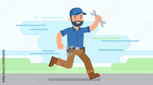 A cartoon illustration of a running handyman or mechanic holding a wrench, wearing a blue cap and tool belt, against a light blue and green background.