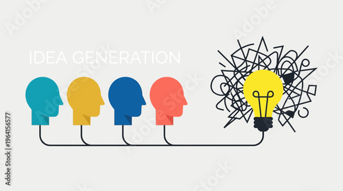 Five diverse heads collaborating to generate a bright new idea, symbolizing teamwork, innovation, and the creative process.