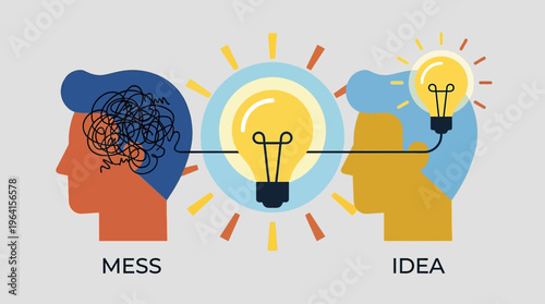 Conceptual illustration showing the transformation from a messy, confused state to a clear, bright idea, symbolizing problem-solving and creative thinking.