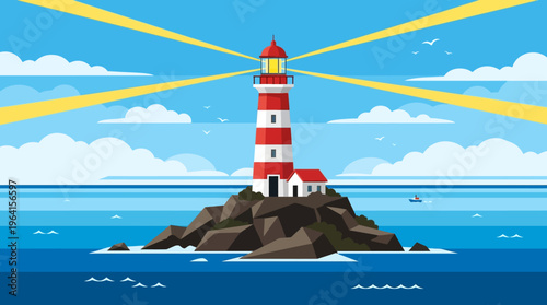 Vibrant vector illustration of a red and white striped lighthouse on a rocky island, casting bright beams of light across the blue sea under a clear sky.
