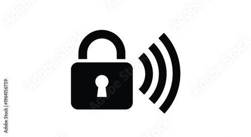 Black padlock silhouette with wireless signal waves representing secure digital connection and data protection on a white background.