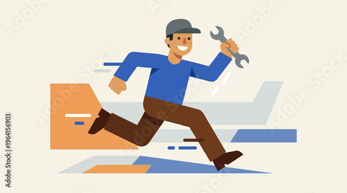 Smiling male mechanic or technician running quickly with a wrench in hand, depicted in a modern flat illustration style with abstract background elements.