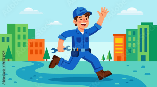 A cheerful male mechanic in a blue uniform and cap, holding a wrench and waving, running through a city landscape with buildings and a path.
