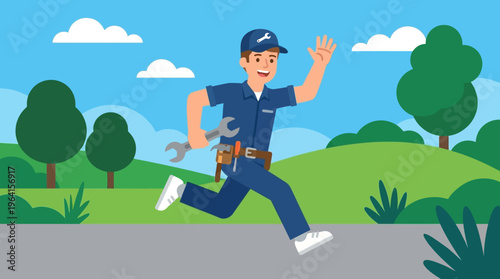 A cartoon technician in a blue uniform running outdoors with a wrench and tool belt, smiling and waving.