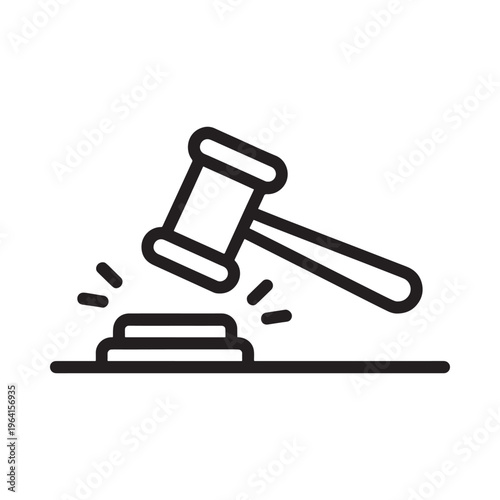 A simple black and white line drawing of a gavel striking a sounding block